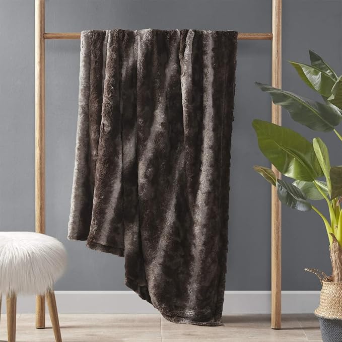 Madison Park Zuri Faux Fur Reversible Throw Blanket, 50 x 60 in, Brown | Oversized Soft Plush, Luxury, Animal Stripes, Mink Reverse, Modern, All Season, for Bed Sofa Couch, OEKO-TEX Certified