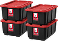 IRIS USA 4-Pack 27 Gal Heavy Duty Storage Tote Bins with Lids, Red | Large-capacity design stores seasonal gear, moving supplies and equipment, Stackable shape supports efficient organization