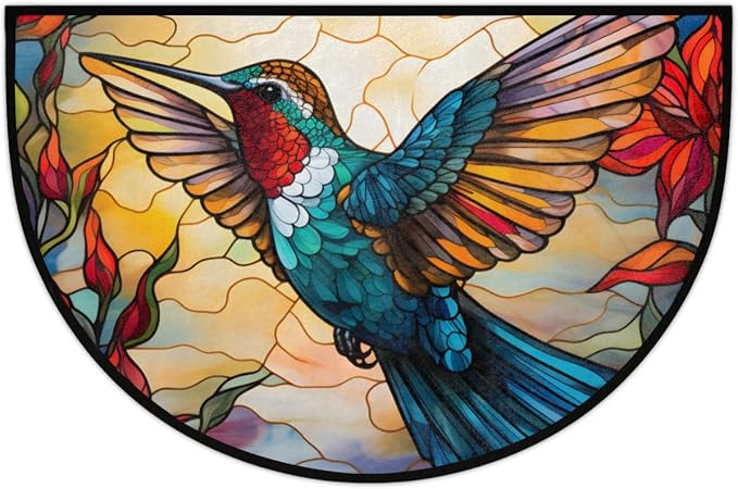 Half Round Door Mat Hummingbird Bird Animal Flower Non-Slip Semi Circle Area Rug Washable Half Moon Hearth Rugs for Indoor Outdoor Bathroom Kitchen Patio Runner Mat Laundry Room Home Decoration