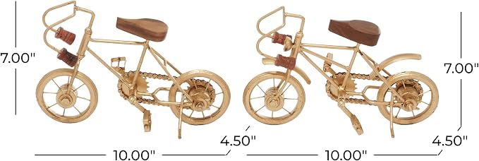 Deco 79 Metal Bike Decorative Sculpture Home Decor Statues with Wood Accents, Set of 2 Accent Figurines 10" x 5" x 7", Gold