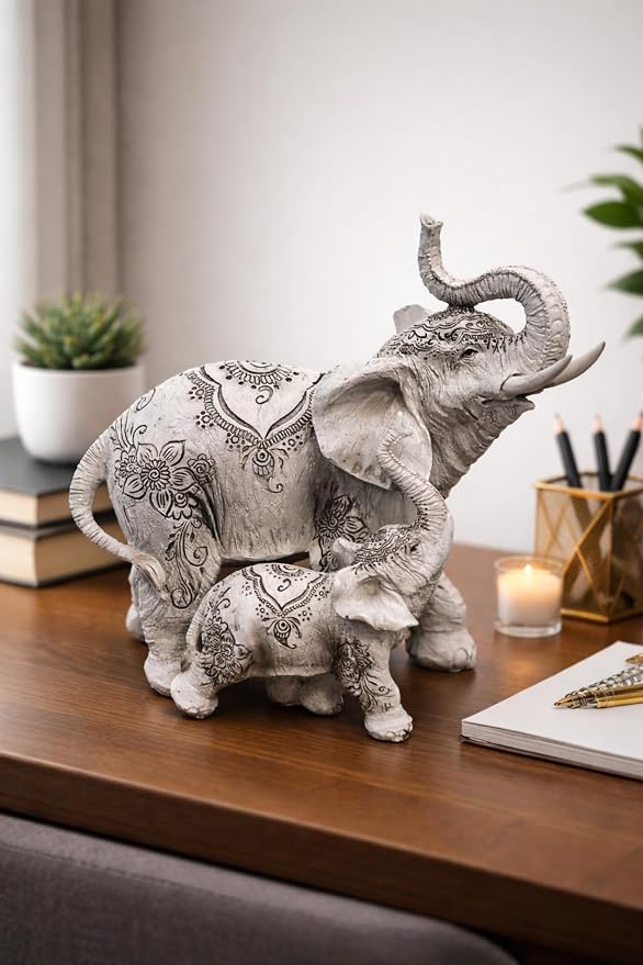 Large 8.25" W Decorative White Elephant and Baby with Tattoo Statue Feng Shui Decoration Religious Figurine Office Desk/Home/Living Room/Table Decor, Perfect House Warming Gifts for New Home