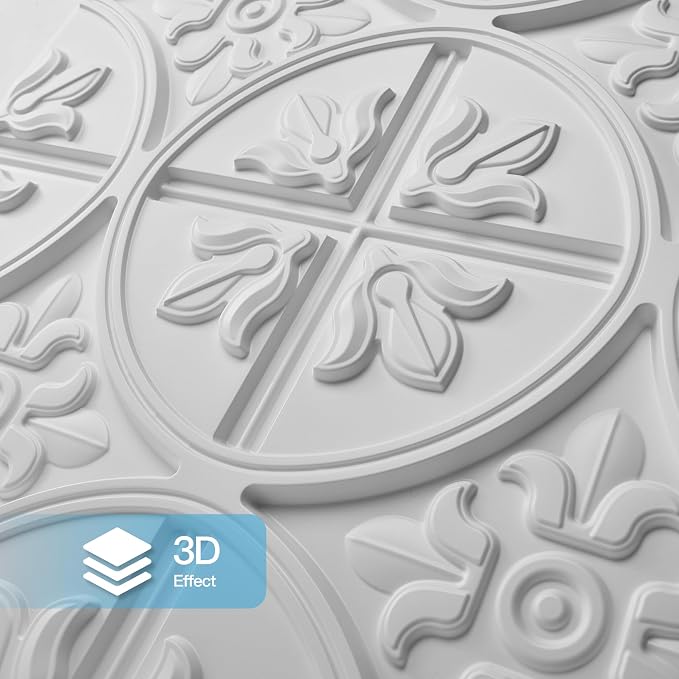 Art3d Drop Ceiling Tiles 24x24in. (12-Pack, 48 Sq.ft), Wainscoting Panels Glue Up 2ft x 2ft, White | PVC, Water Resistant, Shatterproof, Fade-Resistant, Compatible with Grid System, Versatile for Living Room, Bedroom & Office