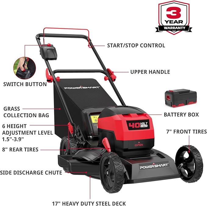 40V Cordless Electric Lawn Mower, 17" Brushless Push Lawn Mower with 4.0Ah Battery, 3-in-1 (Mulch/Bag/Side Discharge), 6 Height Positions & 46L Bag