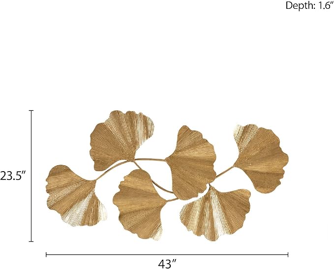 Madison Park Wall Art Living Room Décor Faye Metal Foil Ginkgo Leaf Large Home Accent Modern Inspired Dining, Bathroom Decoration Ready to Hang Ornament for Bedroom, 43"W x 23.5"H x 1.6"D, Gold