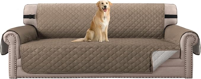 H.VERSAILTEX Reversible Sofa Cover for 3 Cushion Couch Water Resistant Couch Cover for Dogs Non Slip Furniture Protector Cover with Elastic Strap for Pet Cat(Oversized Sofa, Taupe Brown/Beige)