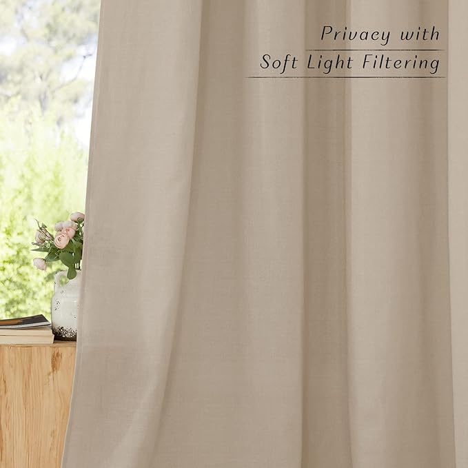NICETOWN Thick Linen Blend 108 inches Long Curtains, Grommet Bedroom Window Treatments Privacy with Light Penetration Natural Linen Burlap for Living Room, Taupe, W55 x L108, 2 Panels