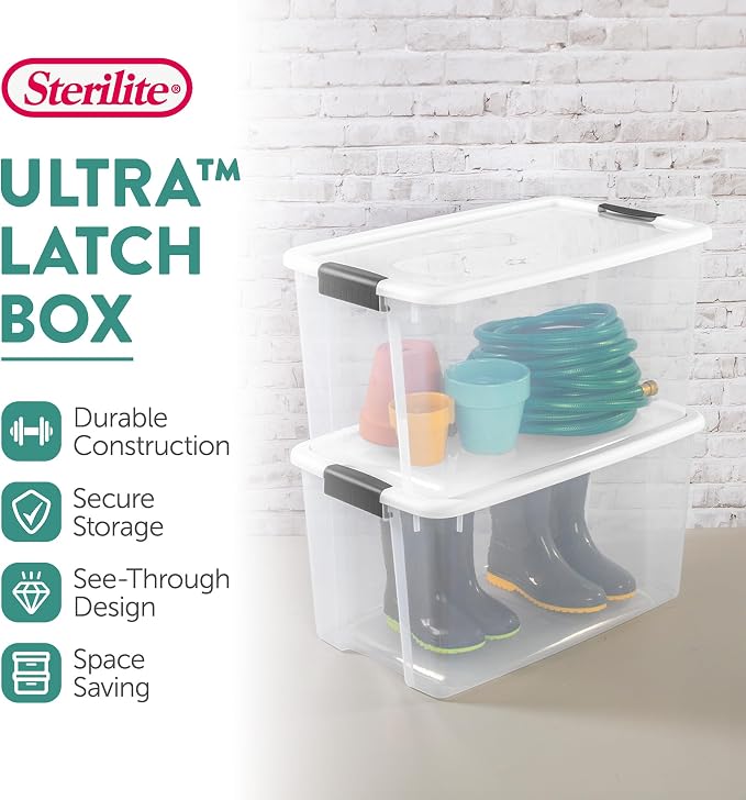 Sterilite 8-Pack 70 Quart Ultra Latch Box, Clear Storage Organizer Bins with Latching Lids - Stackable Plastic Containers for Home Organization in Garage, Attic, Basement, and Closet
