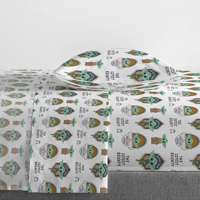 Star Wars Mandalorian Grogu Twin Comforter Set 4 Piece Kids Bedding, Gray | Baby Yoda, Comforter Sheets Pillowcase, Official Product, Soft Microfiber, Machine Washable, Easy Care, Kids Gift