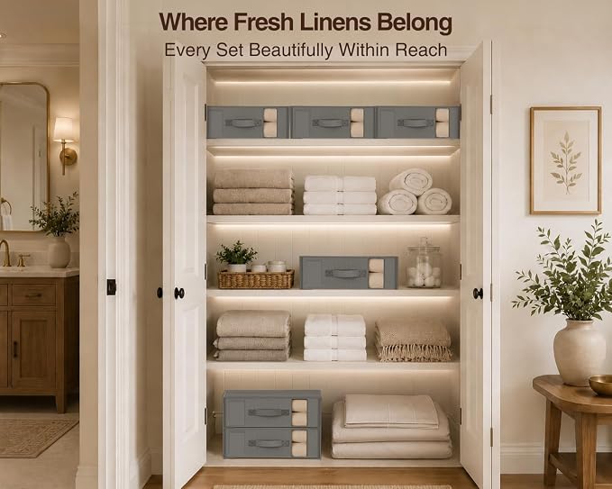 DIMJ Bed Sheet Organizers and Storage 6 Pack - Foldable Sheet Holder, Linen Closet Organizer Box for Sheets Set, Bedding, Blankets, Towel (King & Queen Size), Grey
