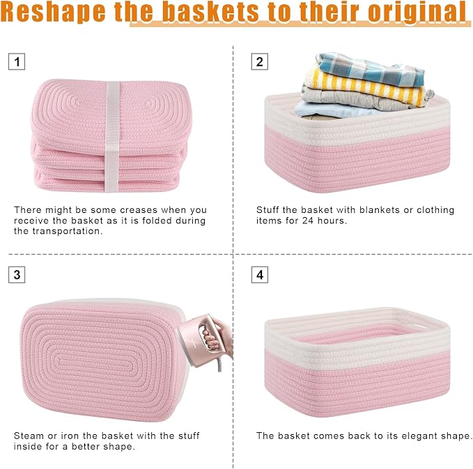 OIAHOMY 4 Pack Storage Baskets for Organizing, Small Bins for Shelves, Cute Decorative Storage Bins, Organizer Baskets for Gifts Empty,13''Lx8.7''Wx5.1''H, Pink/White