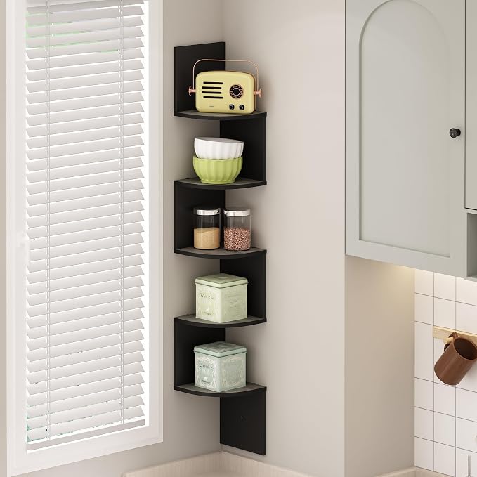 Furinno Rossi 5-Tier Floating Corner Shelf for Wall, Corner Zigzag Shelf Wall Mounted, Radial Wall Mount Shelves, for Home Office, Living Room, Bedroom, Bathroom, French Oak