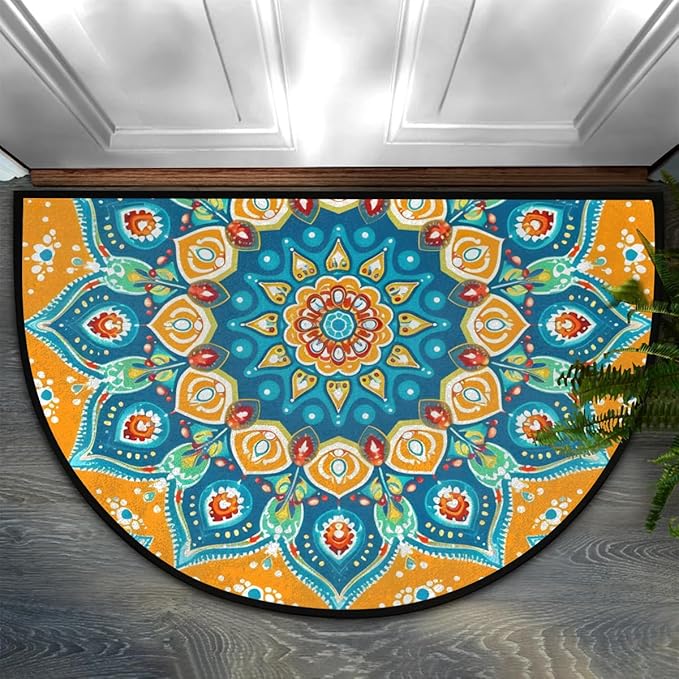cfpolar Half Round Door Mat Semi Circle Non-Slip Bathroom Floor Rug, Ethnic Mandala Outdoor Welcome Entrance Way Mat Indoor Absorbent Kitchen Mat for Bedroom,Patio,Garage,Home 36" x 24"