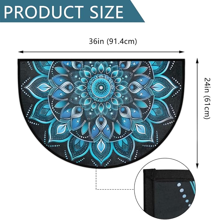 cfpolar Half Round Door Mat Ethnic Mandala Blue Floral Non-Slip Semi Circle Area Rug Washable Half Moon Hearth Rugs for Indoor Outdoor Bathroom Kitchen Patio Runner Mat Laundry Room Home Decoration