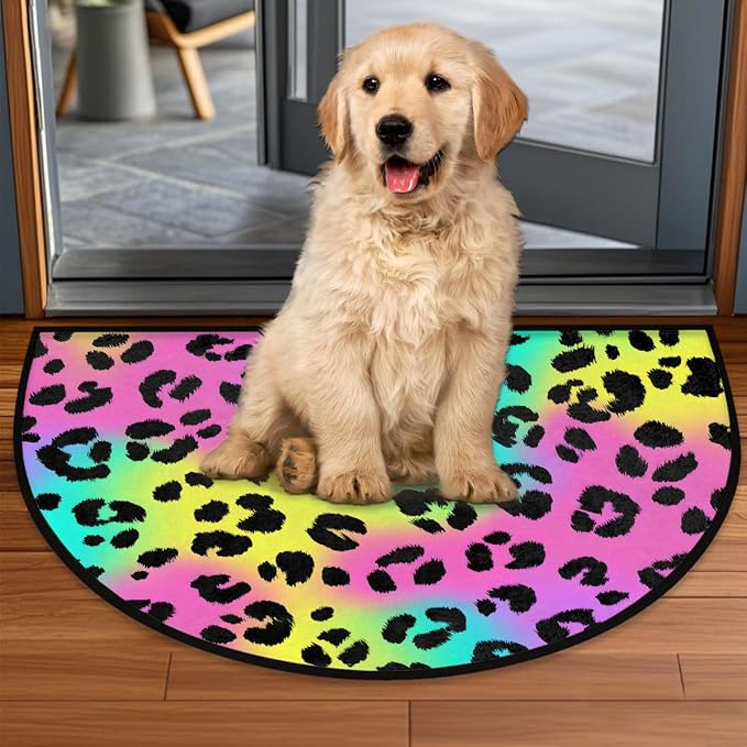Leopard Half Round Door Mat Semi Circle Rug Half Moon Doormat | Soft Washable Neon Psychedelic Welcome Entrance Mat for Outdoor Indoor Floor Bedroom Bathroom Home Kitchen Festival Decor