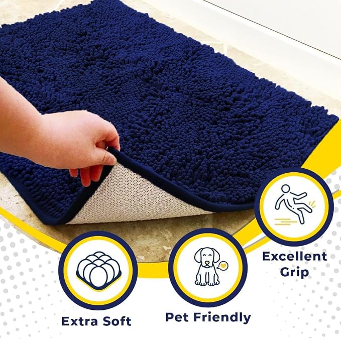 Muddy Mat® | Super Water Absorbent Door Mat Indoor, Microfiber Quick Dry Chenille Entryway Rug, Slip Resistant Front Door Mat, Indoor Mats for Entryway, Machine Washable Pet Rug, Navy Blue 3ft x 3ft