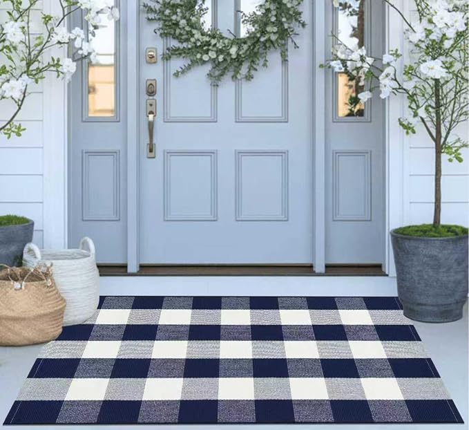 Buffalo Plaid Rug 27.5"x43" Blue White Fall Front Porch Rug Cotton Woven Washable Indoor Outdoor Rugs for Welcome Door Mat Entryway Dining Room Bedroom Living Room