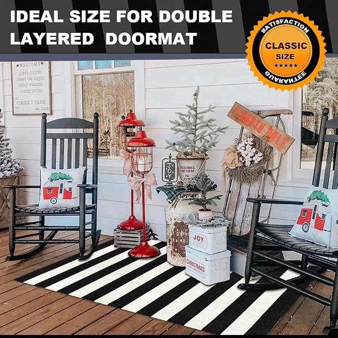 KaHouen Black and White Striped Rug 35.4 x 59 Inches, Indoor Front Porch Stripe Rug, Woven Washable Hand-Woven Stripe Outdoor Rugs for Layered Door Mats, Front Porch,Farmhouse,Kitchen...