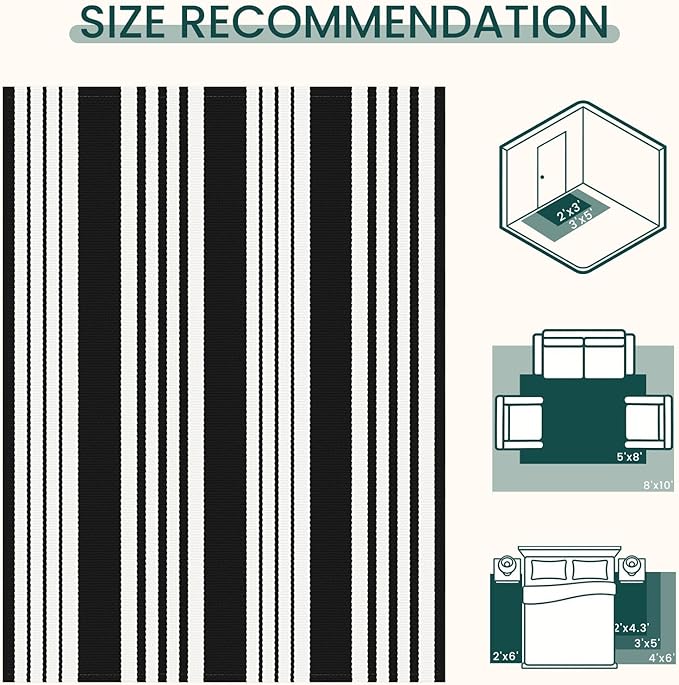 KOZYFLY 4x6 Black White Striped Rug Front Door Rug Cotton Woven Washable Indoor Outdoor Rugs Entrance Layered Doormat for Front Porch Kitchen Patio Farmhouse Carpet
