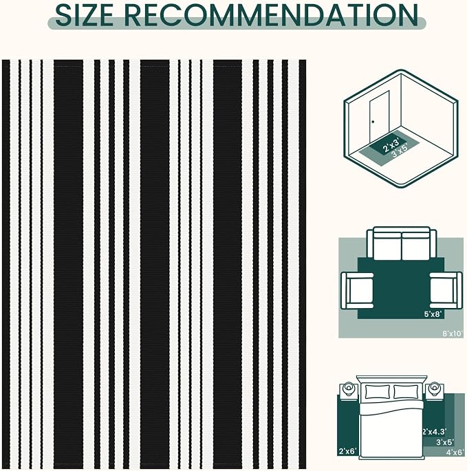 KOZYFLY Black White Rug 5x7 ft Area Rug Woven Washable Striped Rugs Cotton Farmhouse Indoor Outdoor Rugs for Living Room Bedroom Entryway Porch Patio Carpet