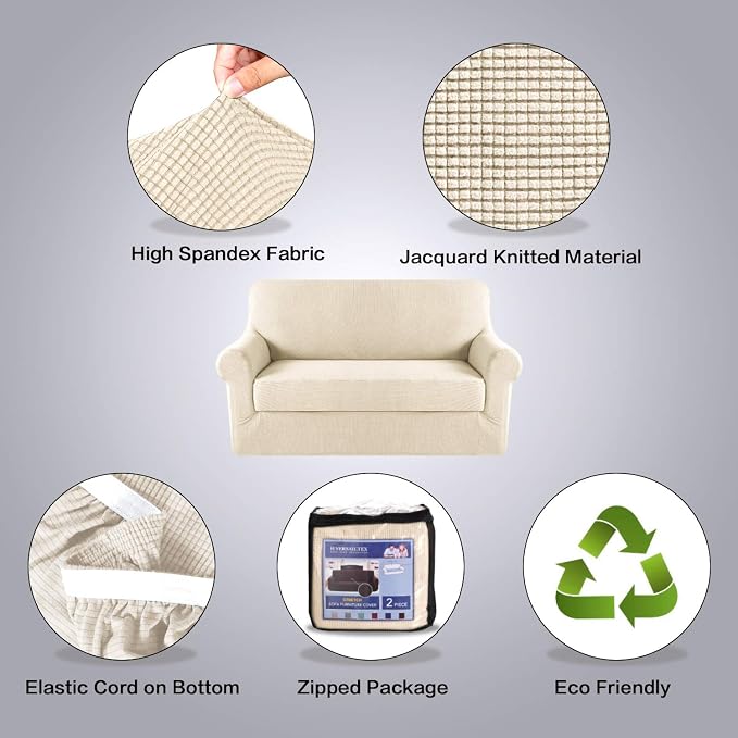 H.VERSAILTEX Loveseat Cover 2 Piece Furniture Protector Suit for T Cushion/Box Cushion Loveseat Cover for Leather, Rich Textured High Spandex Jacquard Fabric Small Checks (Natural)