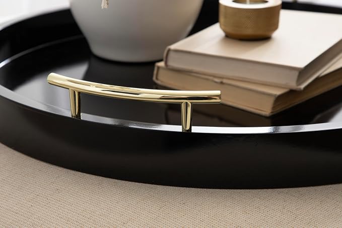 Kate And Laurel Lipton Modern Round Ottoman Tray; 22 Inch Diameter; Black and Gold; Decorative Circle Coffee Table Tray for Living Room Decor or Large Serving Tray
