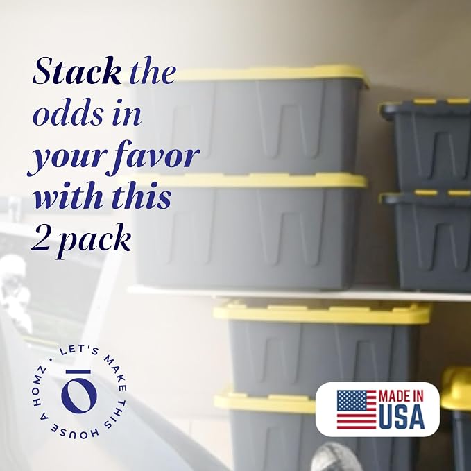 HOMZ 15 Gallon Durabilt Storage Bins, Pack of 2 Heavy Duty Plastic Containers, Secure Snap Lids, 6 Hasp Areas for Tie-Down Straps or Locks, Stackable, Nestable, Organizing Totes | Heavy-Duty Large Stackable Container Boxes for Home, Attic, and Garage O...