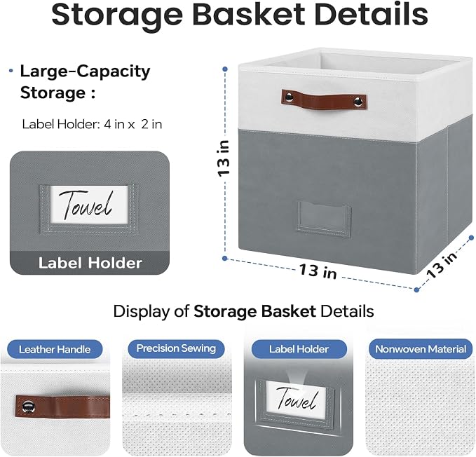 FinishingBo 13 inch Storage Bins with Labels 6 Pack | PU Leather Handles, Foldable Storage Cubes, Storage Baskets, Closet Storage, White/Dark Grey
