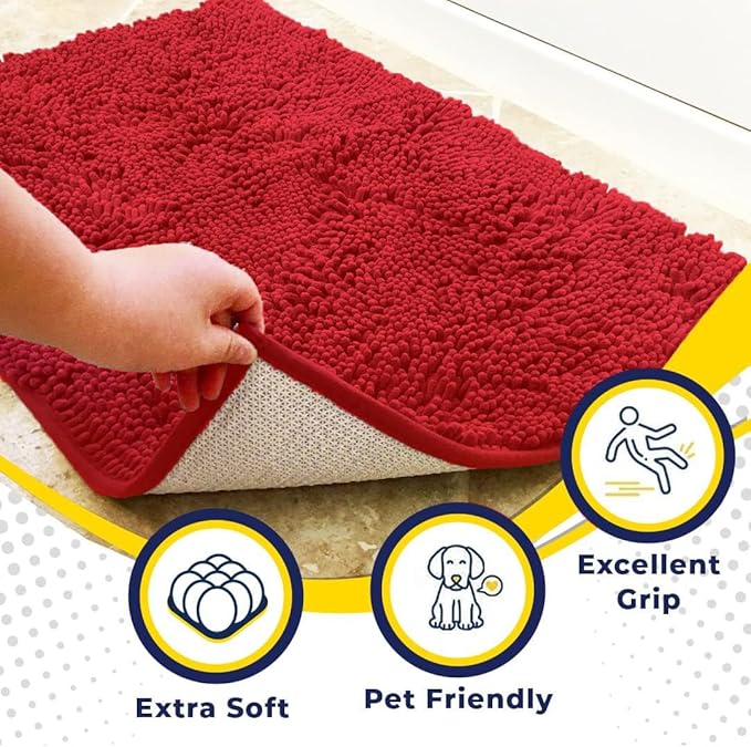 Muddy Mat® | Super Water Absorbent Door Mat Indoor, Microfiber Quick Dry Chenille Entryway Rug, Slip Resistant Front Door Mat, Indoor Mats for Entryway, Machine Washable Pet Rug, Red 32" x 70"