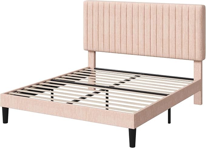 Allewie Queen Bed Frame, Upholstered Platform Bed with Adjustable Vertical Channel Tufted Headboard, Mattress Foundation with Strong Wooden Slats, Box Spring Optional, Easy Assembly, Chenille Pink