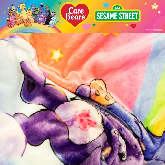Care Bears x Sesame Street Nostalgic Kids Bedding Super Soft Cozy Plush Throw, 46 in x 60 in, (Officially Licensed Product) by Franco