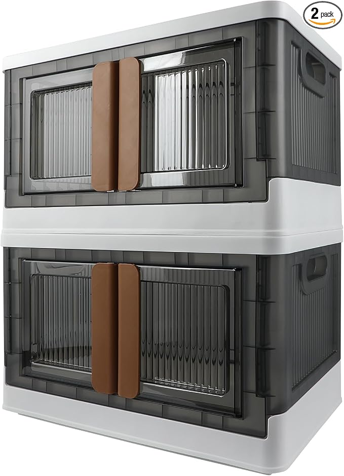 Storage Bin, Foldable Cabinet, 8.4 Gallon (32L) Capacity (Each One), 2 Packs, Collapsible Box with Lids, Transparent, Organizers for Living Room, Bedroom