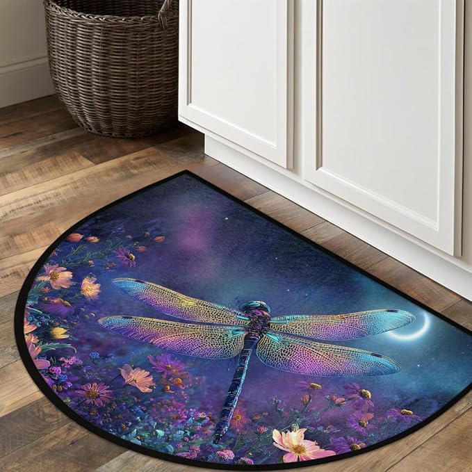 Dragonfly Half Round Door Mat Outdoor Doormat Bedroom Entrance Rug A14 | Dragonfly Flower Floral Semi Moon Door Mat Non-Slip Absorbent Kitchen Rug Indoor Welcome Bath Mat 36" X 24"