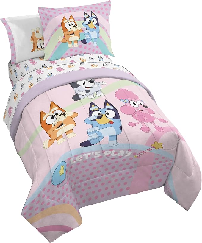 Jay Franco Bluey & Bingo Kids Comforter Set - 5 Piece Twin Bed in a Bag, Soft Microfiber Bedding with Sheets and Sham, Machine Washable, Officially Licensed, Pink