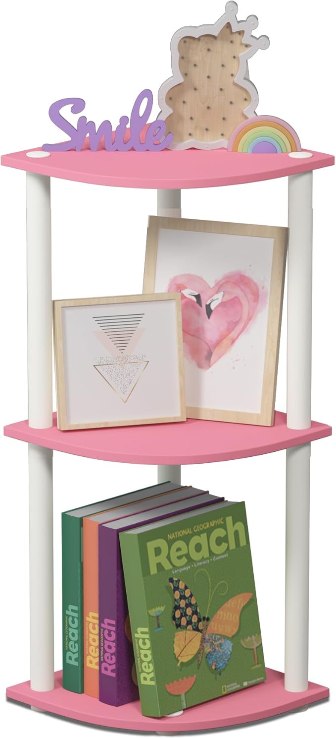 Furinno TURN-N-TUBE Corner Shelf, 3-Tier Corner Bookshelf, Display Storage Shelves with Open Shelves, for Organization and Storage, Living Room, Home Office, Garage, Pink