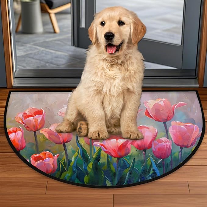 Flower Half Round Doormat Semi Circle Rug Half Moon Rug Entryway Mat | Pink Tulip Washable Non Slip Outdoor Floor Rug Kitchen Mat for Indoor Outdoor Bathroom Fireplace Bath Decor