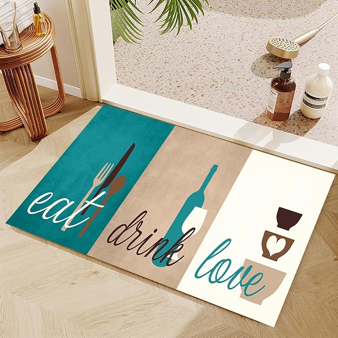 GUBIYU Teal Green Beige Area Rugs for Kitchen Dining Room Non Skid Washable Eat Drink Love Motto Design Rustic Rugs 23.6"x35.4"