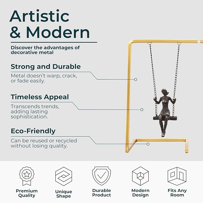 Set of 2 Swinging People Decorative Bookends – Modern Shelf Decor Accents with Gold Metallic Frame – Stylish and Elegant Office & Home Decor Organizer – 10", Gold