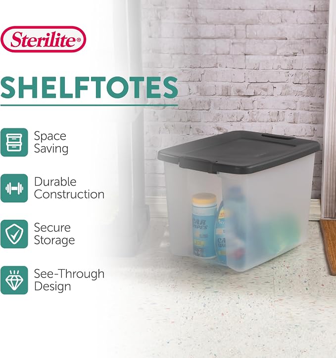 Sterilite 50 Qt ShelfTote, Clear Storage Bin with Latching Lid, 6 Pack | Clear Bins with Gray Lids - Stackable Organizing Container Boxes for Closet, Bathroom, and Office