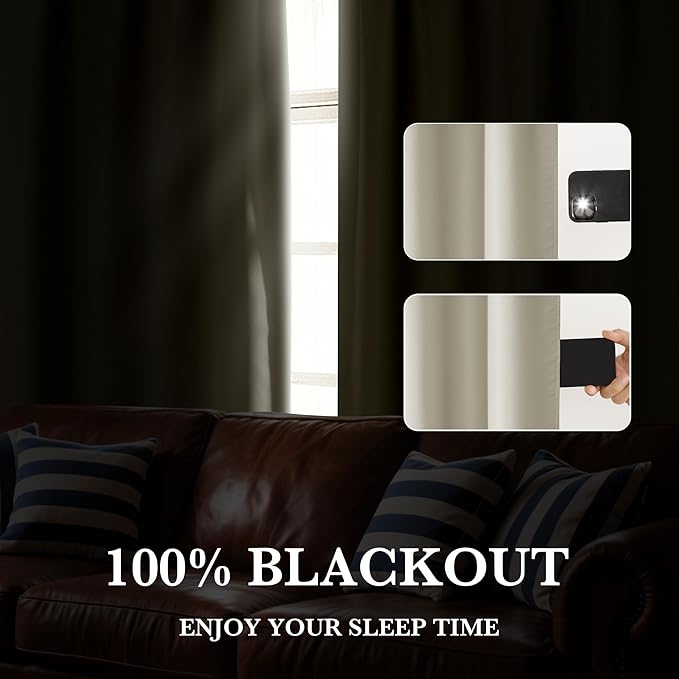 RYB HOME 100% Blackout Short Curtains for Small Window, Thermal Insulated Total Room Darkening Noise Reducing Curtains for Kitchen Bathroom Basement, 34 inches Wide by 48 inches Long, Natural