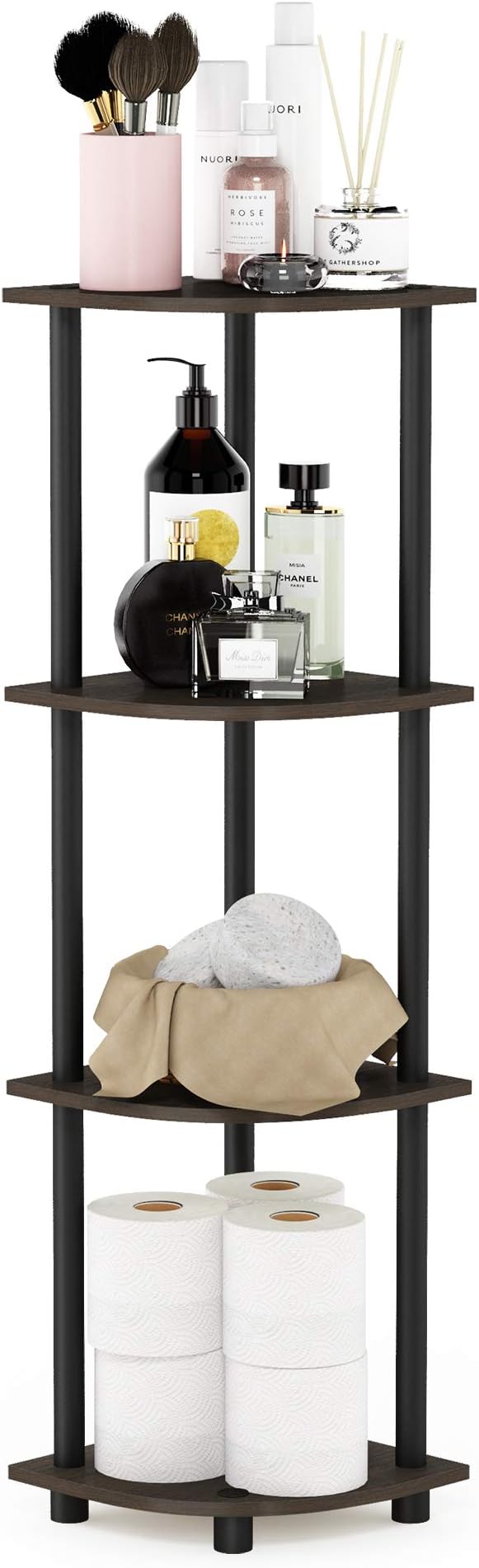 Furinno Turn-N-Tube Toolless Assembly 4-Tier Corner Shelf, Black Corner Book Shelf, Open Shelves Bookshelf, for Organization and Storage, Living Room, Home Office, Bedroom, Brown Grain