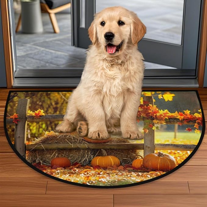 Pumpkin Half Round Doormat Non-Slip Semi Circle Rug Half Moon Mat | Autumn Maple Tree Washable Soft Absorbent Indoor Outdoor Entrance Kitchen Bathroom Sink Patio Welcome Fireplace Floor Rug