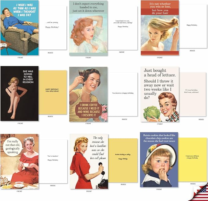 NobleWorks Vintage Femme Sassy Cards 36 Assorted Funny Birthday Cards, Mixed Vintage Retro Naughty Humor Women Bulk Box Set Envelopes (36 Designs, 1 Each) Ephemera Femme Festival AC9377BDG-B1x36