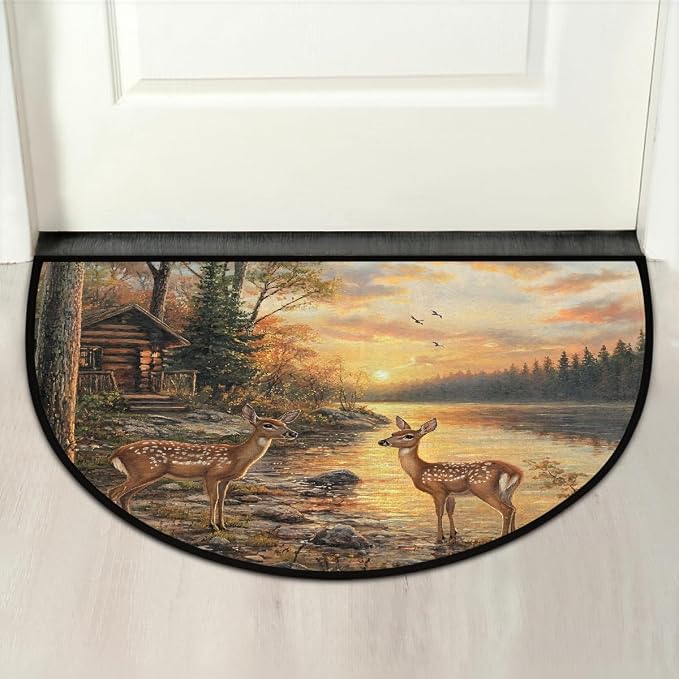 Deer Lake Half Round Door Mat Semi Moon Rug Fireplace Carpet Area Rugs | Beautiful Deer Lake Non Slip Absorbent Half Circle Mat Carpet for Indoor Outdoor Patio Kitchen Bathroom Entryway Home Decor