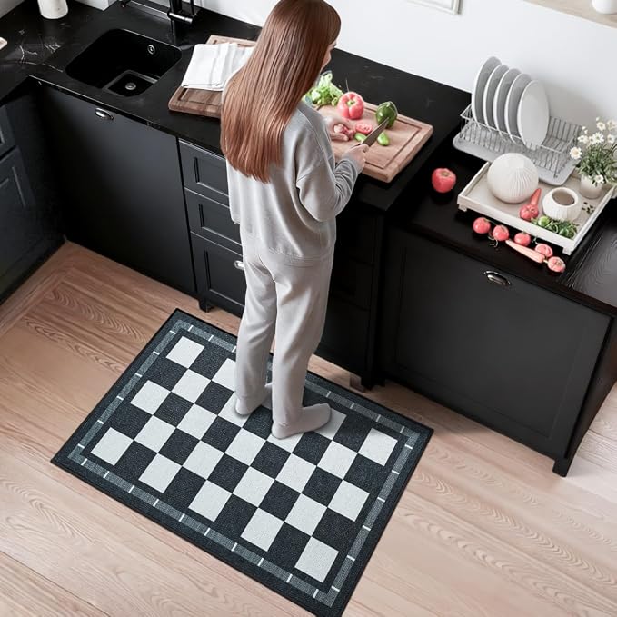 Vasofe Jute Checkered Rug, 2x3 Small Entry Rug, Outdoor Doormat, Indoor Mat | Washable Front Door Mat Kitchen Rug Non Slip Area Rugs, Farmhouse Low Pile Carpet for Entryway Porch, Black and White