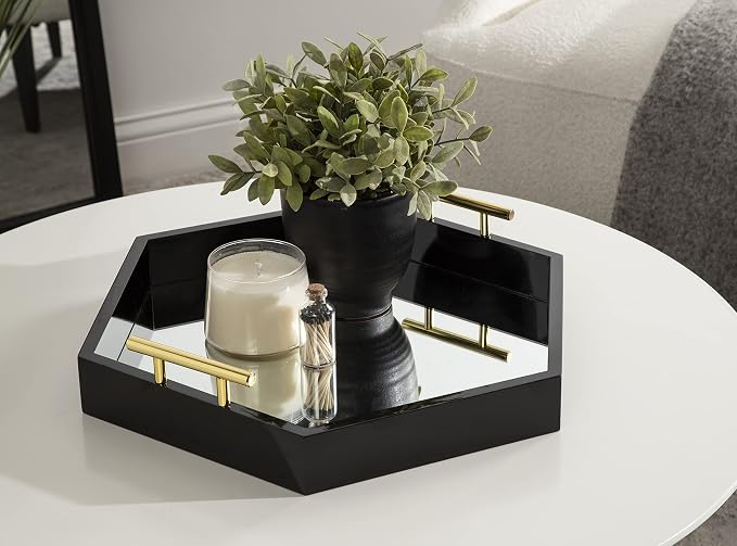 Kate and Laurel Lipton Modern Hexagon Mirrored Tray; 18 x 18; Black and Gold; Midcentury Decorative Serving Tray for Storage and Display