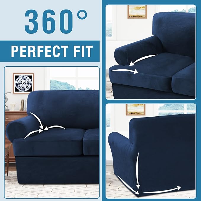 H.VERSAILTEX Sofa Cover 3 Piece T Cushion Loveseat Slipcovers Thick Velvet Couch Cover Furniture Protector Stretch T Cushion Sofa Covers for 2 Cushion Couch with 2 Individual T Cushion Covers, Navy