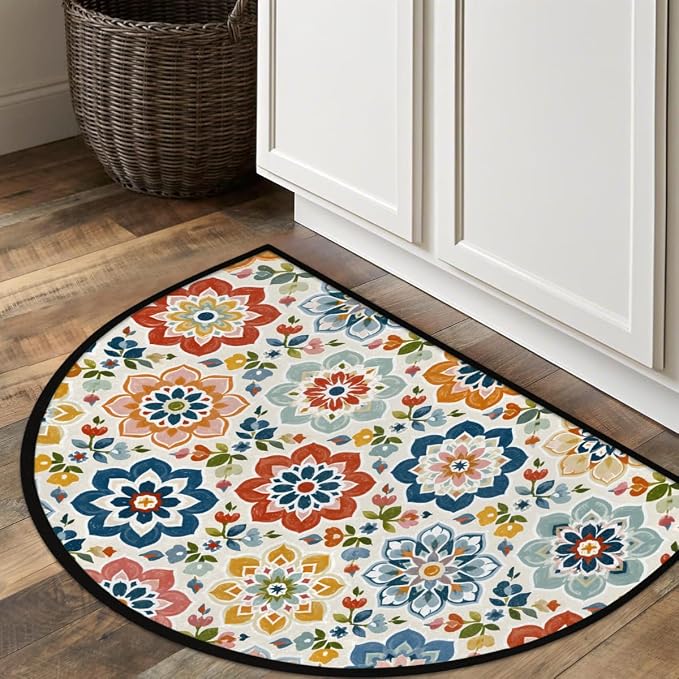 Bohemian Half Round Door Mat Outdoor Doormat Bedroom Entrance Rug A2 | Bohemian Flower Floral Semi Moon Door Mat Non-Slip Absorbent Kitchen Rug Indoor Welcome Bath Mat 36" X 24"
