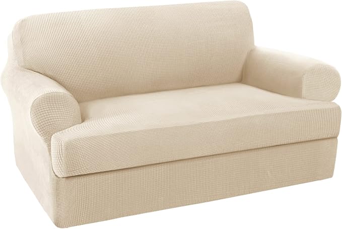 H.VERSAILTEX Loveseat Cover 2 Piece Furniture Protector Suit for T Cushion/Box Cushion Loveseat Cover for Leather, Rich Textured High Spandex Jacquard Fabric Small Checks (Natural)