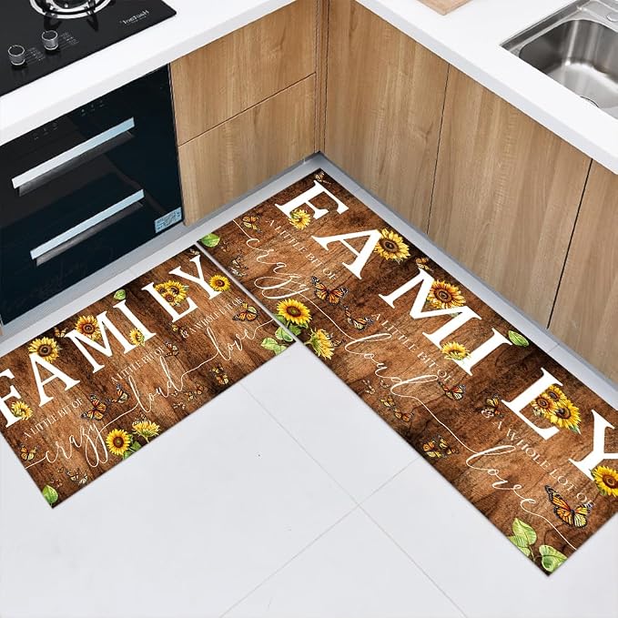 GUBIYU Kitchen Rug Set of 2, Rustic Brown Wood Grain Sunflower Living Room Rugs Anti Fatigue Kitchen Mats Non Skid Waterproof Kitchen Rugs Farmhouse Comfort Standing Kitchen Mats for Floor Home Office