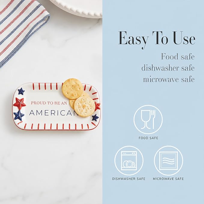 Mud Pie Blue Ceramic Plaid American Sentiment Tray
